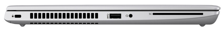 Vänster: Kensington-lås, USB 3.1 Gen 1-port (Typ A), 3.5 mm kombinerad ljudanslutning, Smart Card-läsare