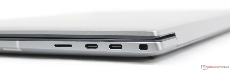 Höger: MicroSD-läsare, 2x USB-C med Thunderbolt 4 + DisplayPort + Power Delivery, Wedge-lås