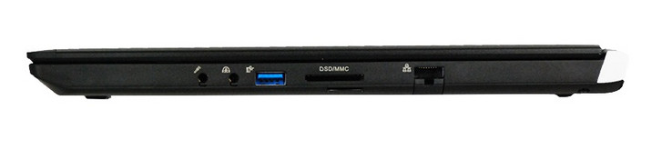 Höger: 3.5 mm mikrofon, 3.5 mm headset, USB 3.0, SDXC-kortläsare, mini-SIM, Gigabit RJ-45, Kensington Lock (Källa: Eurocom)