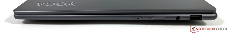 Höger: Webbkamera eShutter, strömknapp, 3,5 mm ljuduttag, USB-A 3.2 Gen 1 (5 GBit/s, strömförsörjd)