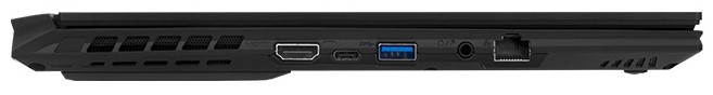 Vänster sida: HDMI 2.0, 1x USB 3.1 Typ C med DP 1.4, 1x USB 3.1 Gen1 Typ A, kombinerad ljudanslutning, GigabitLAN
