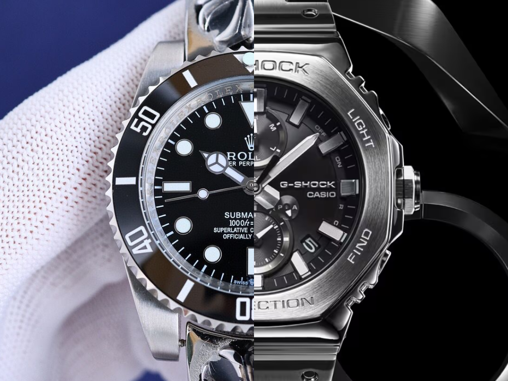 Rolex Submariner - en populär mekanisk klocka (till vänster) och Casio GMC-B2100D-1A kvartsur (till höger). (Bildkälla: Merit Trends och Casio - redigerad)