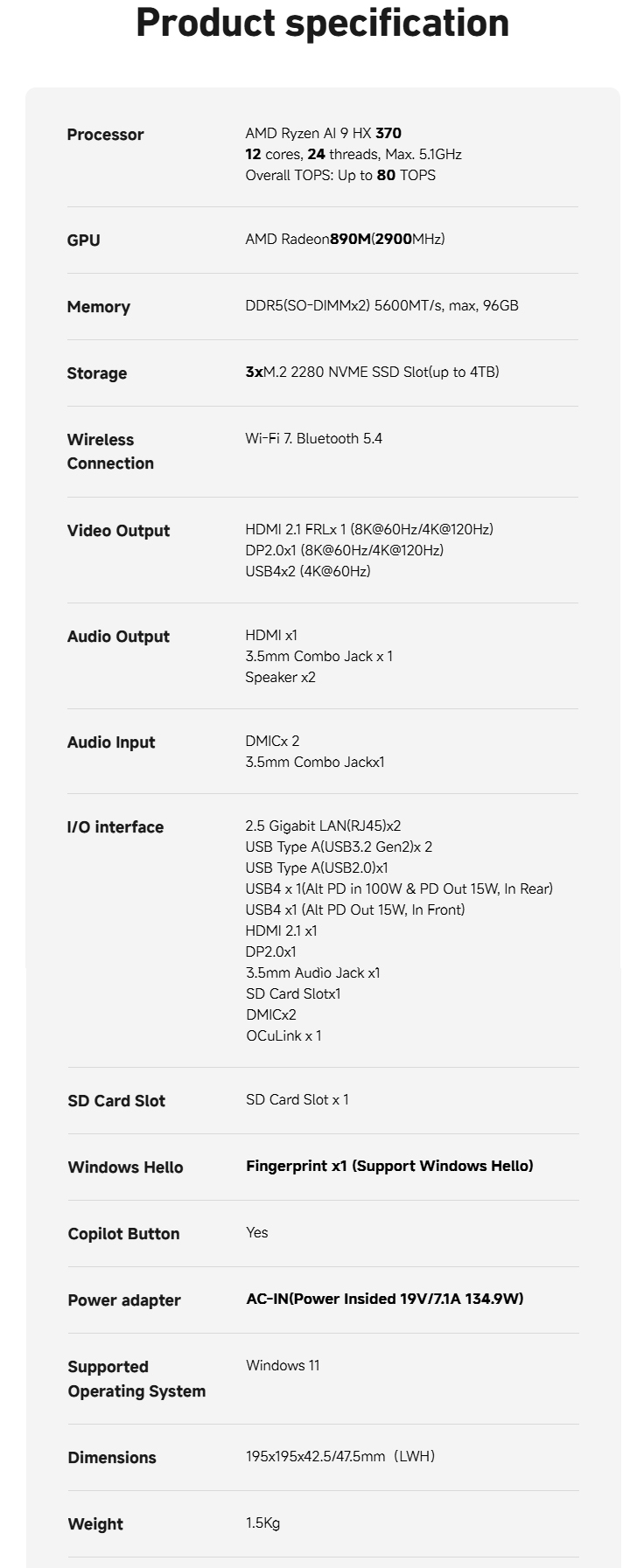 Kompletta specifikationer för gaming mini PC (Bildkälla: Minisforum)