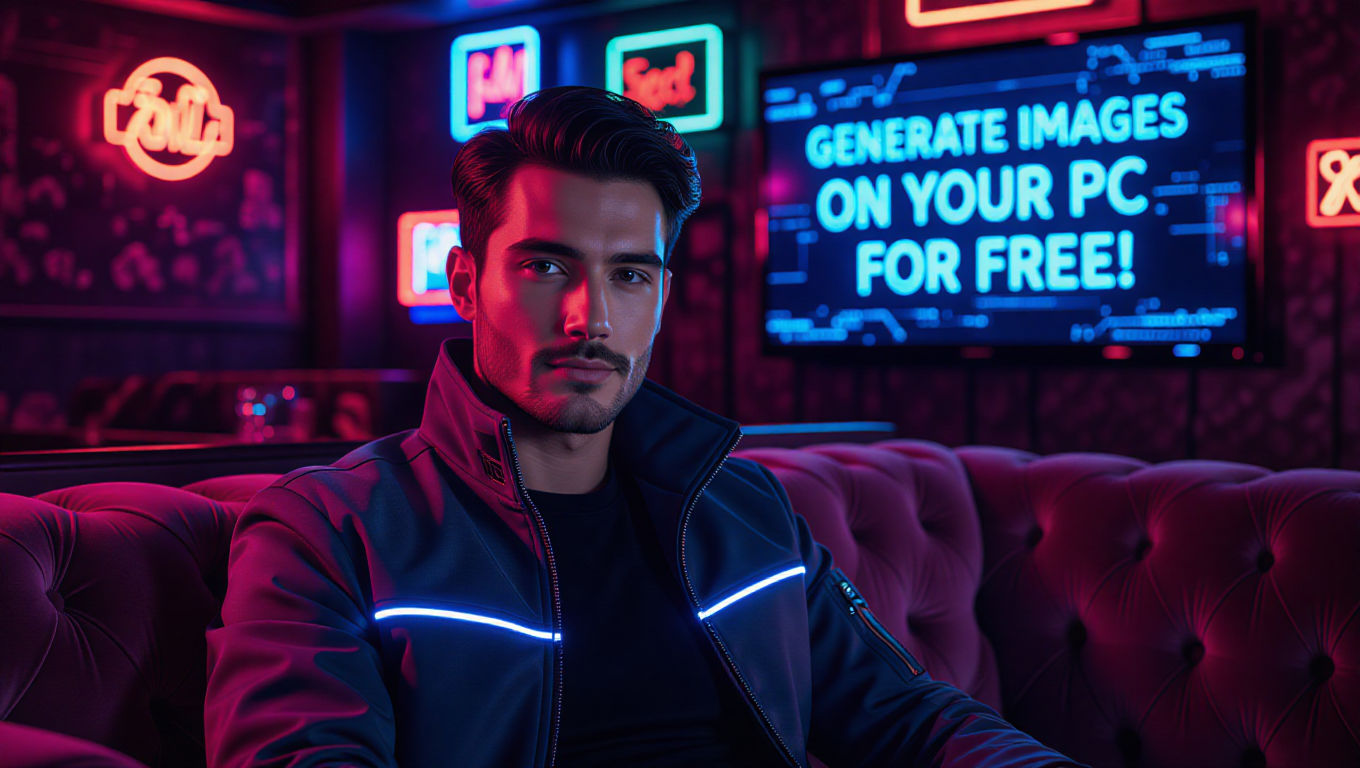 AI-genererad bild av en man i en neonbelyst cyberpunk-jacka som sitter i en soffa på en elegant klubb. På en TV bakom honom står det: "GENERERA BILDER PÅ DIN PC GRATIS." (Bildkälla: AI Generated)