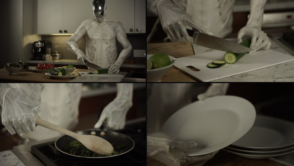 Stillbilder av Protoclones andra torso, med en aktiverad buk som skiljer den från sin föregångare, som visar sin människoliknande potential i köket. (Bildkälla: Clone Robotics)
