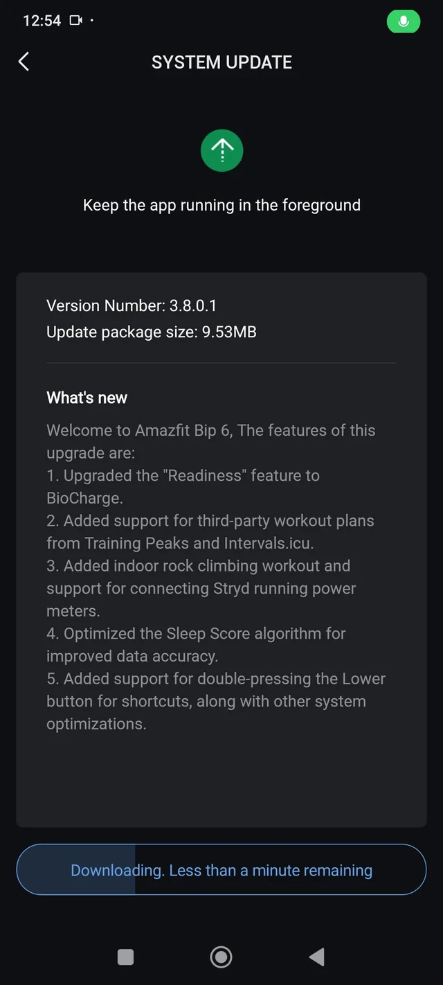 Ändringsloggen för programvaruversion 3.8.0.1 för Amazfit Bip 6 och relaterade smartklockor. (Bildkälla: u/Pitiful_Employ_4011 via Reddit)