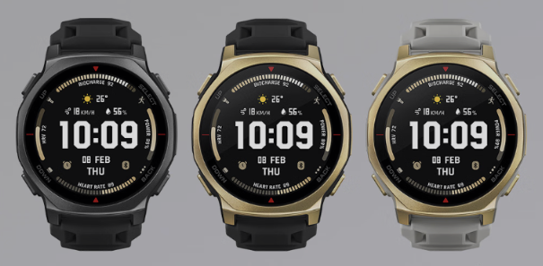 Från vänster till höger: versionerna Onyx Black, Black Gold och Arctic Gold av Amazfit T-Rex 3 Pro 44 mm smartklocka. (Bildkälla: Amazfit)