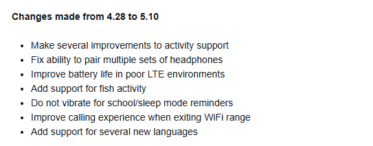 Ändringsloggen för programvaruversion 5.10 för Garmin Bounce 2 smartwatch. (Bildkälla: Garmin)