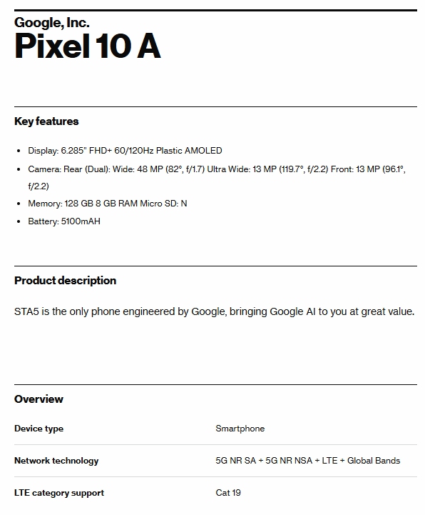 Påstådd Google Pixel 10a-certifiering på Verizon (Bildkälla: Evan Blass)