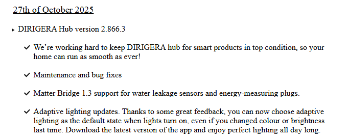 Release notes för IKEA Dirigera Hub version 2.866.3. (Bildkälla: IKEA)