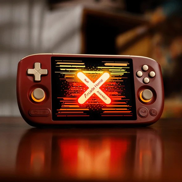 Ayaneo Pocket Air Mini Arcade Home Limited Edition har ett rött skal och kontroller i guld.