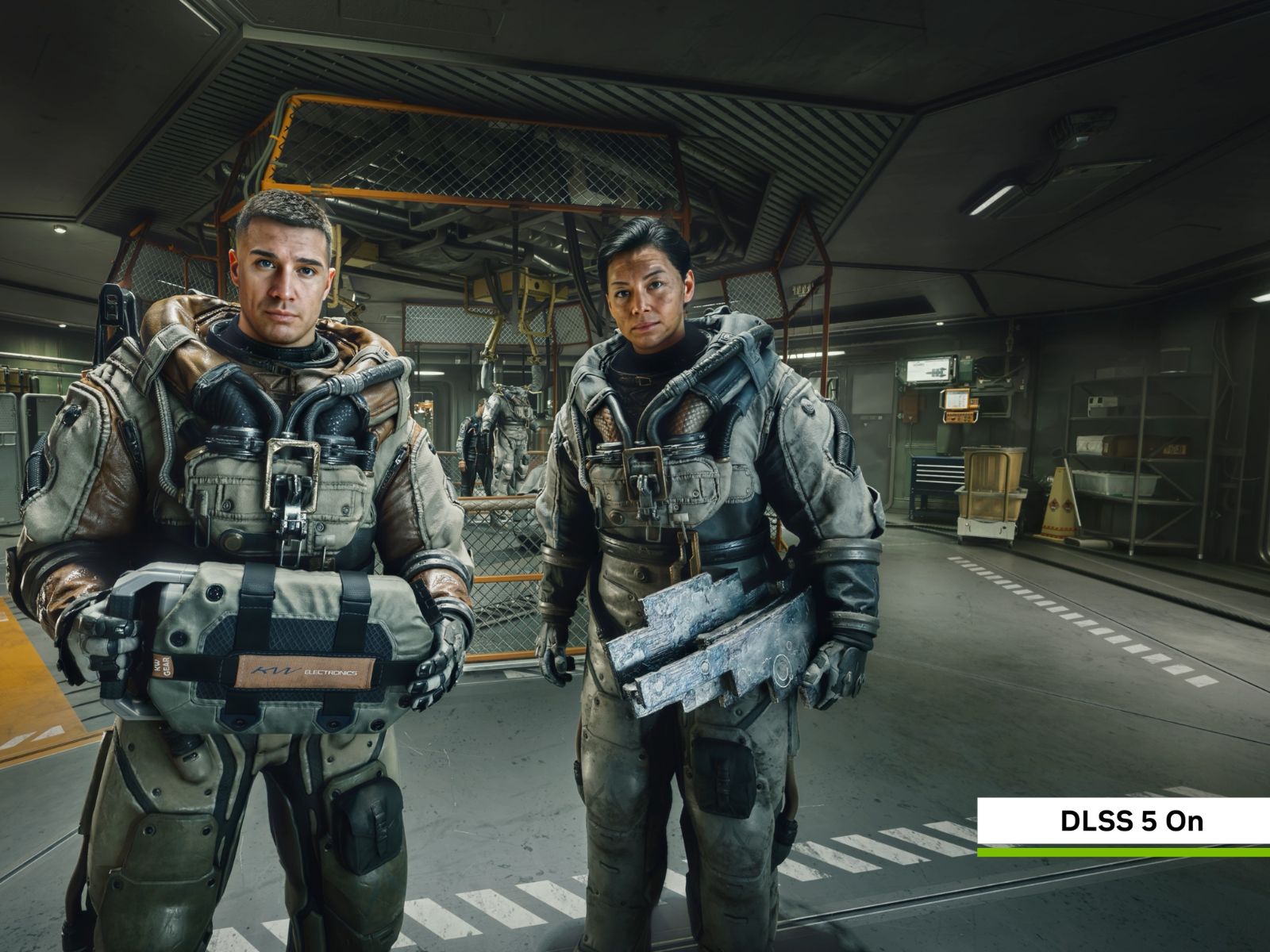 Två Starfield-karaktärer i en futuristisk anläggning med Nvidia DLSS 5 aktiverat