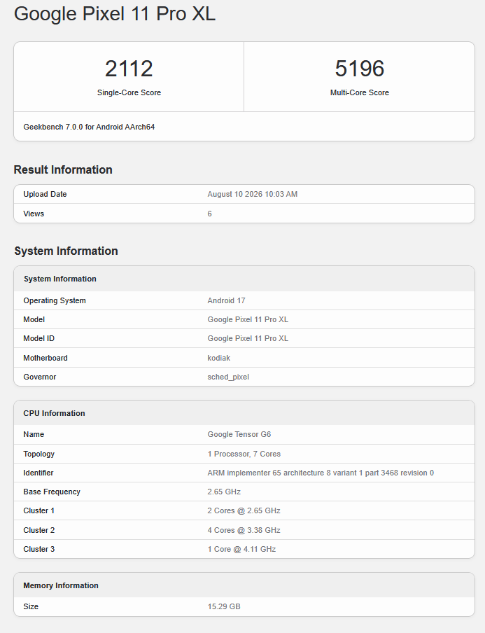 Google Tensor G6 i Geekbench-listan