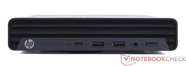 Framsida: USB Typ-C 20 Gbit/s, 2x USB Typ-A 10 Gbit/s, 3,5 mm ljud