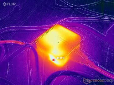 AC-adaptern når över 46 C under belastning