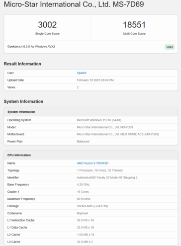 Ryzen 9 7950X3D Geekbench (bildkälla: Geekbench)
