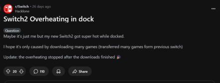 Switch 2-docka överhettas Reddit-inlägg (Bildkälla: skärmdump, Switch subreddit)