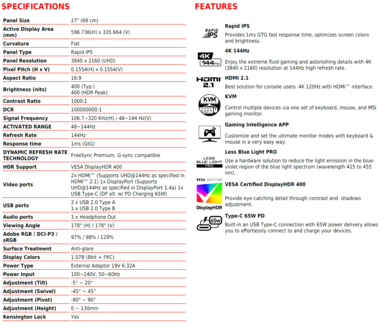 MSI MAG274UPF: Specifikationer