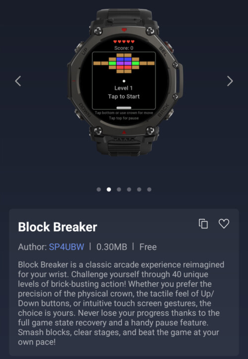 Block Breaker Mini-appen för Amazfit-smartklockor