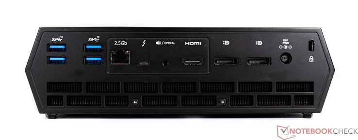 Baksida: 4x USB Type-A, 2,5G LAN, 1x USB Type-C, Toslink, HDMI (4K60), 2x DisplayPort 1.4, strömanslutning, Kensington Lock