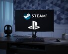 Steam- och PlayStation-logotyper visas på PC-skärmen