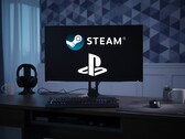 Steam- och PlayStation-logotyper visas på PC-skärmen