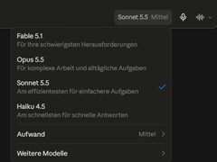Skärmbild av modellväljaren i Claude.ai, där Sonnet 5.5 är valt