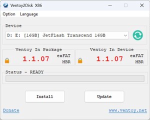 Starta Ventoy - välj stick - installera