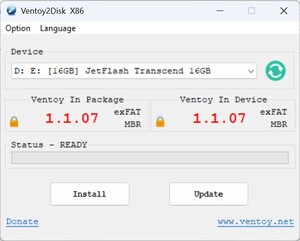 Starta Ventoy - välj stick - installera