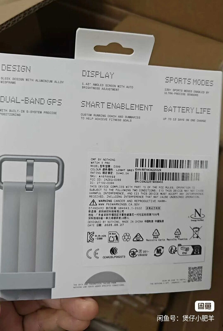 Några specifikationer för Nothing nya smartklocka finns på baksidan av detaljhandelslådan (Bildkälla: Reddit, via Chinese Smartwatches)