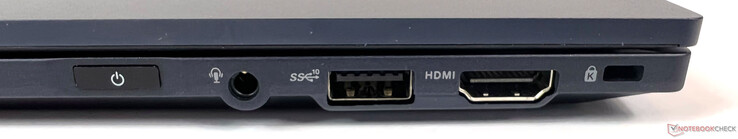 Anslutningar till höger: 1x 3,5 mm-uttag (Mic-In / Audio-Out kombinerat), 1x USB 3.2 Gen-2 (10GBit/s), 1x HDMI 2.0b, 1x Kensington