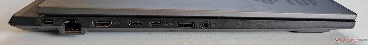 Vänster: Strömförsörjningsenhet, Gigabit Ethernet, HDMI 2.1 FRL, USB-C 3.2 Gen2 (10 Gbps, DisplayPort 2.1-utgång), USB-C 3.2 Gen.2 (10 Gbps, DisplayPort 2.1-utgång, G-Sync, Power Delivery 3.0), USB-A 3.2 Gen2 (10 Gbps), 3,5 mm ljuduttag