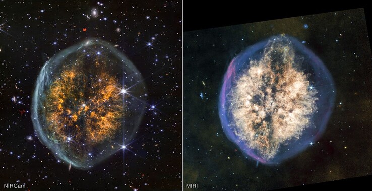 En bild tagen av båda instrumenten i James Webb Space Telescope som visar Exposed Cranium Nebula.