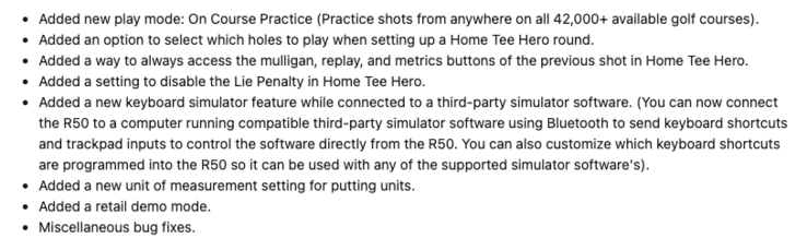 Ändringsloggen för systemprogramvara 8.40 för Garmin Approach R50. (Bildkälla: skärmdump från Garmin-forum)
