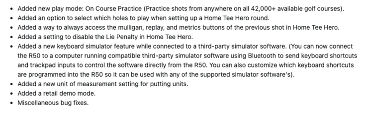 Ändringsloggen för systemprogramvara 8.40 för Garmin Approach R50. (Bildkälla: skärmdump från Garmin-forum)