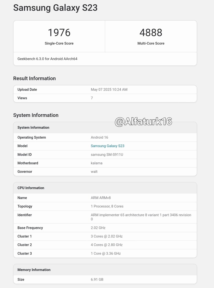 En "Galaxy S23" verkar köra Android 16 på Geekbench. (Källa: Geekbench via @Alfaturk16 på X)