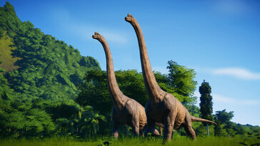 En bild som visar två Brachiosaurus i Jurassic World Evolution.