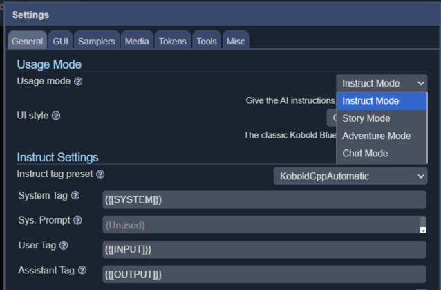 Instruct används för att ge LLM instruktioner, chat liknar en chatbot, story är bra för romanliknande texter och adventure är bäst för interaktiv fiktion i RPG-stil.