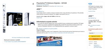 PS5 Digital Edition med 825GB finns tillgänglig på Amazon Italien. (Bildkälla: Amazon)