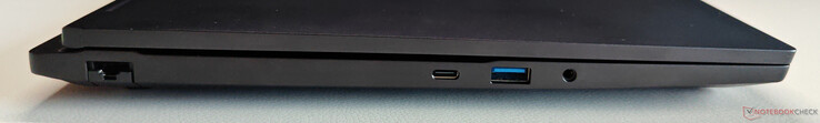 Vänster: Gigabit Ethernet, USB-C 3.2 Gen.2 (10 GBit/s, DisplayPort 1.4a via iGPU, 100W Power Delivery), USB-A 3.2 Gen.1 (5 GBit/s), 3,5 mm ljud