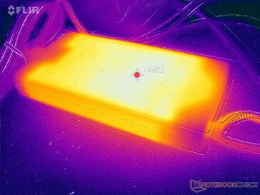 AC-adaptern når över 41 C vid långvarig användning av krävande belastningar som spel