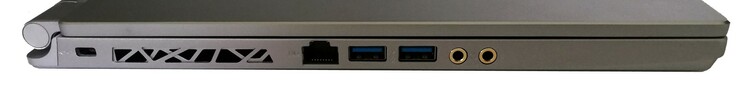 Vänster: Kensington-lås, RJ45-LAN, 2x USB 3.1, hörlurar, mikrofon