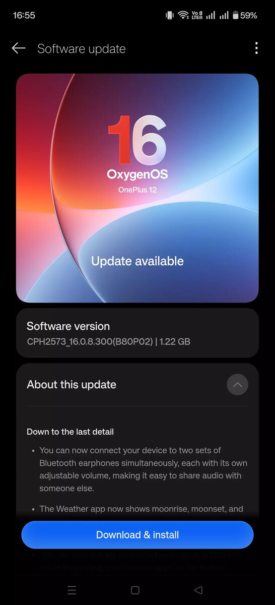 Skärmbild från programuppdateringen för OnePlus 12 som visar uppdateringen OxygenOS 16.0.8.300, med fokus på det nya stödet för dubbla Bluetooth-ljudkällor och andra nya funktioner.