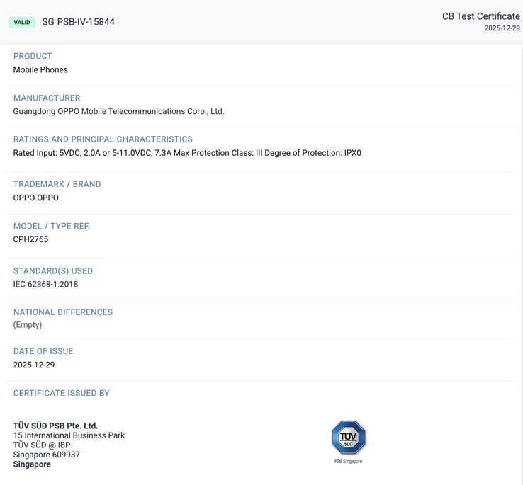 TÜV SÜD-certifiering av Oppo Find N6. (Bildkälla: TÜV SÜD)