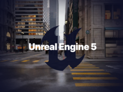 Unreal Engine 5-logotypen med en renderad miljö i bakgrunden (bildkälla: Epic)