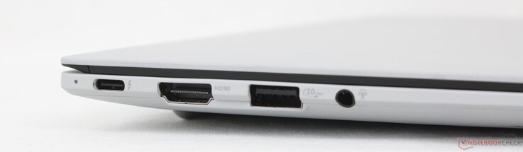 Vänster: USB-C 4.0 Thunderbolt 4 med DisplayPort + Power Delivery, HDMI 2.1 TMDS, USB-A 3.2 Gen. 2, 3,5 mm headset