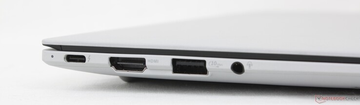 Vänster: USB-C 4.0 Thunderbolt 4 med DisplayPort + Power Delivery, HDMI 2.1 TMDS, USB-A 3.2 Gen. 2, 3,5 mm headset