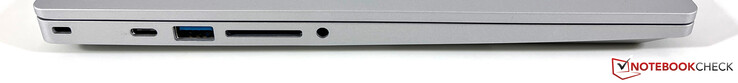 Till vänster: Kensington Lock, USB-C 3.2 gen. 2 (10 Gb/s, DisplayPort ALT mode 1.4, Power Delivery), USB-A 3.2 gen. (5 Gb/s), kortläsare, 3,5-mm-ljud