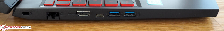 Vänster: Kensington-lås, RJ45 LAN, HDMI 2.0, USB 3.0 Typ C, 2 x USB 3.0 Typ A
