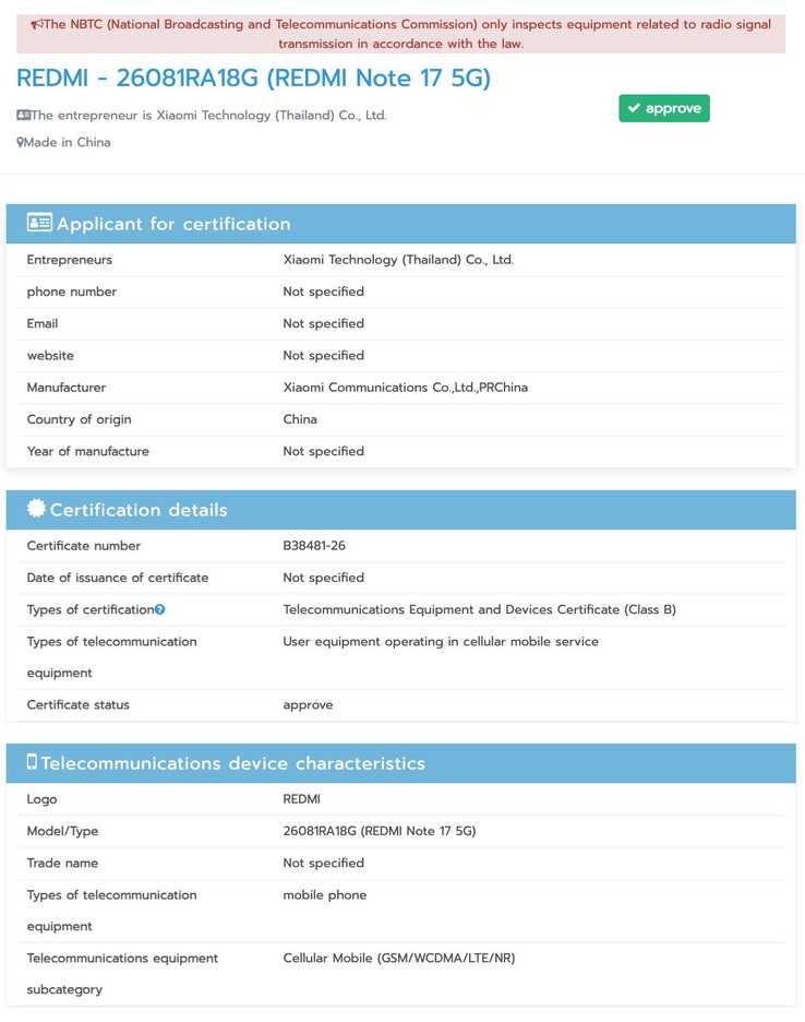 NBTC-certifiering av Redmi Note 17 Pro Max.